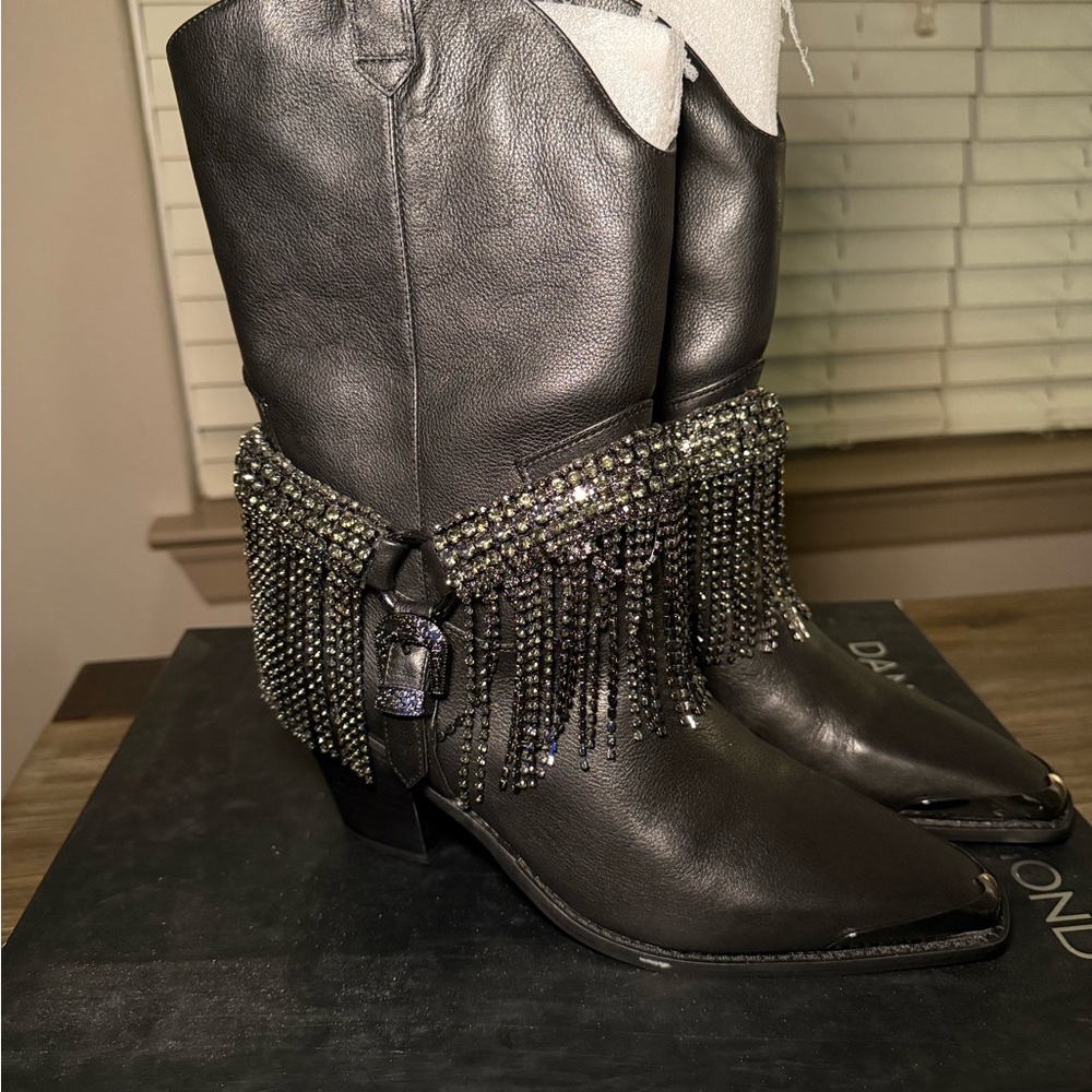 Black Crystal Fringe Western Heeled Boots